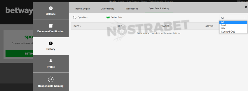 betway filter bet history